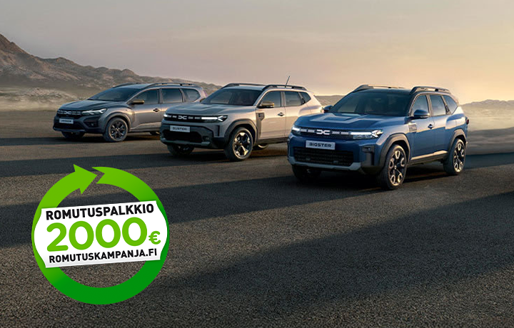 Dacia-mallisto romutuspalkkio 2000 € romutuskampanja.fi logolla
