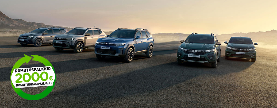 Dacia-mallisto romutuspalkkio 2000 € romutuskampanja.fi logolla